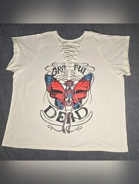 Grateful Dead Lace Up Skeleton Butterfly Graphic T-Shirt Cream Plus Size 6 NWOT
